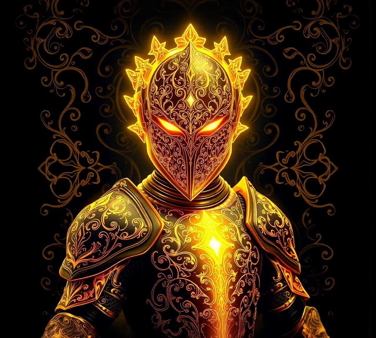 Bioluminescent Knight with Golden Filigree Designs
