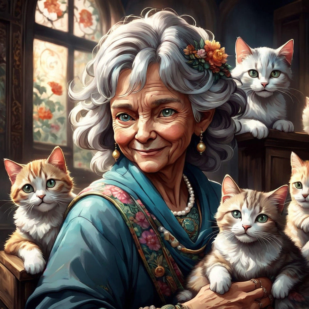 Benevolent Matriarch Surrounded by Whimsical Felines