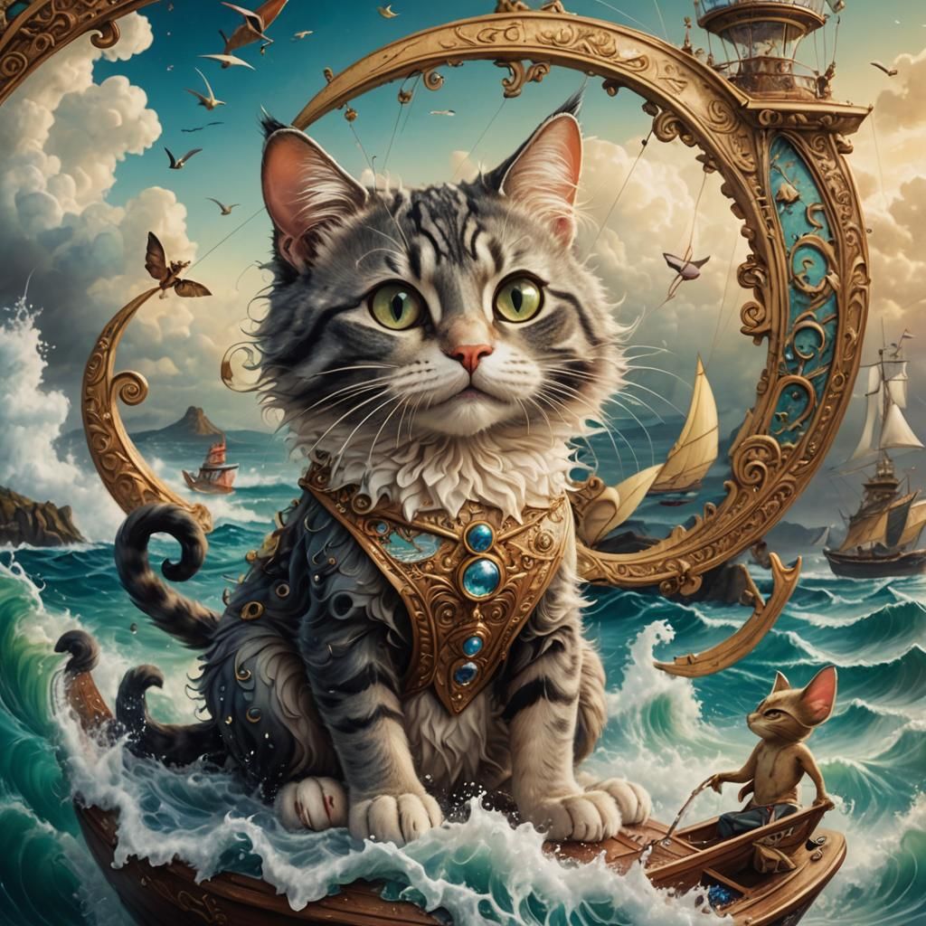 Whimsical Cat Windsurfer: Hyperdetailed Fantasy Portrait