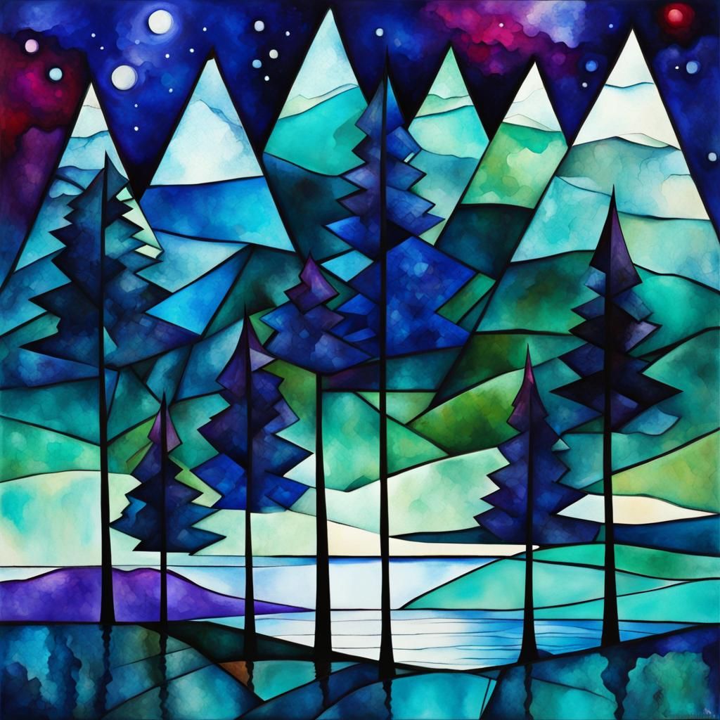 Starry Mountain Lake: Abstract Cubist Alcohol Ink Painting