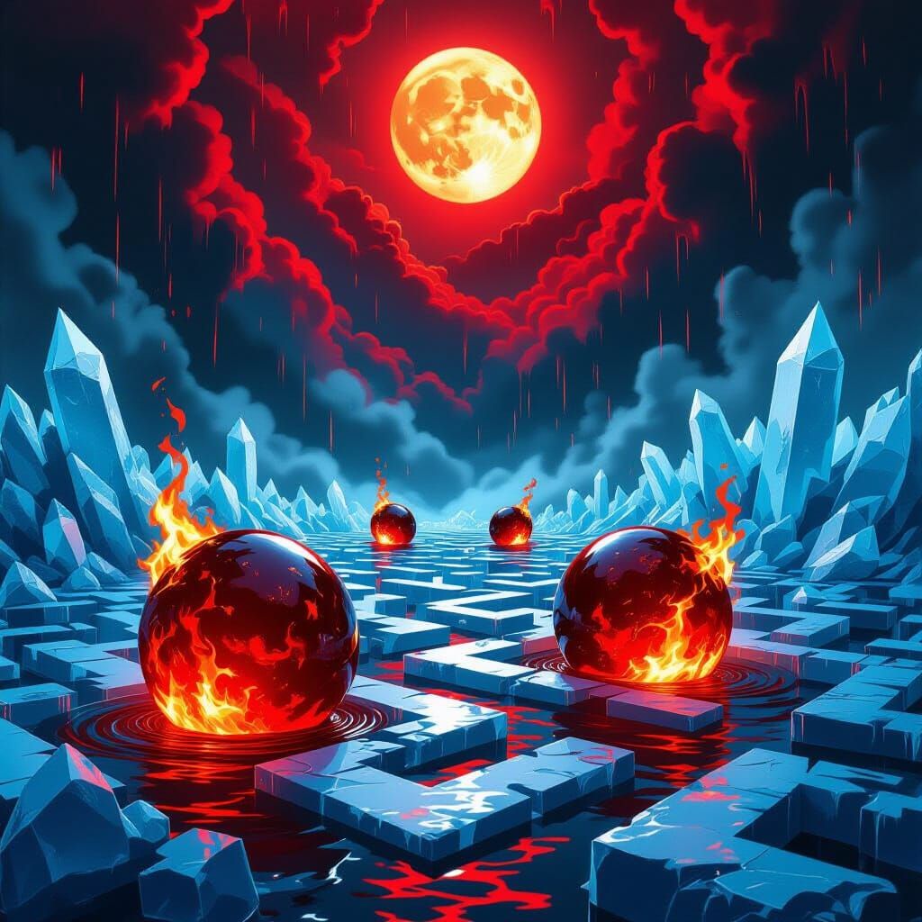 Burning Orbs Plunge Into Ice Maze: Dark Futuristic Art