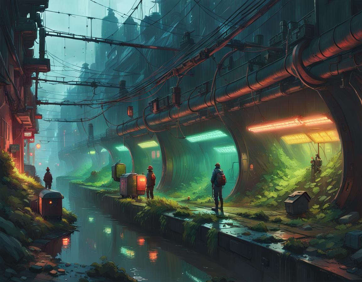 Lush Dystopian Sewer System Concept Art