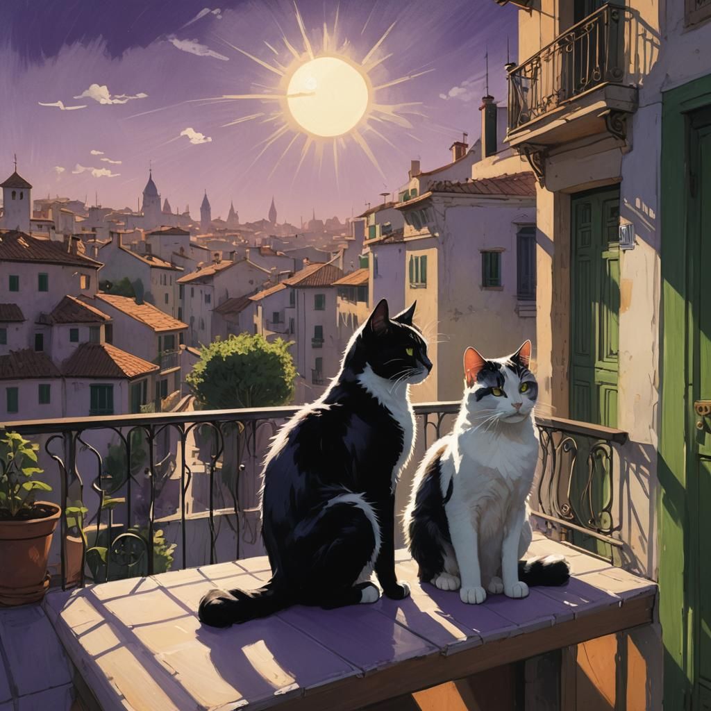 Black and White Cats in Sunlight: Hyperrealistic Splash Art