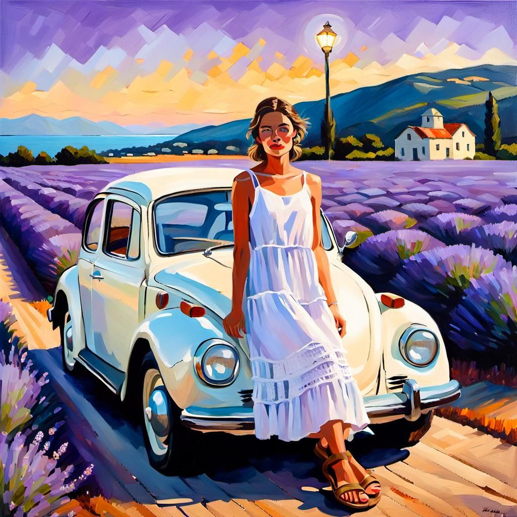 Woman in Lavender Field: Impasto Oil Painting