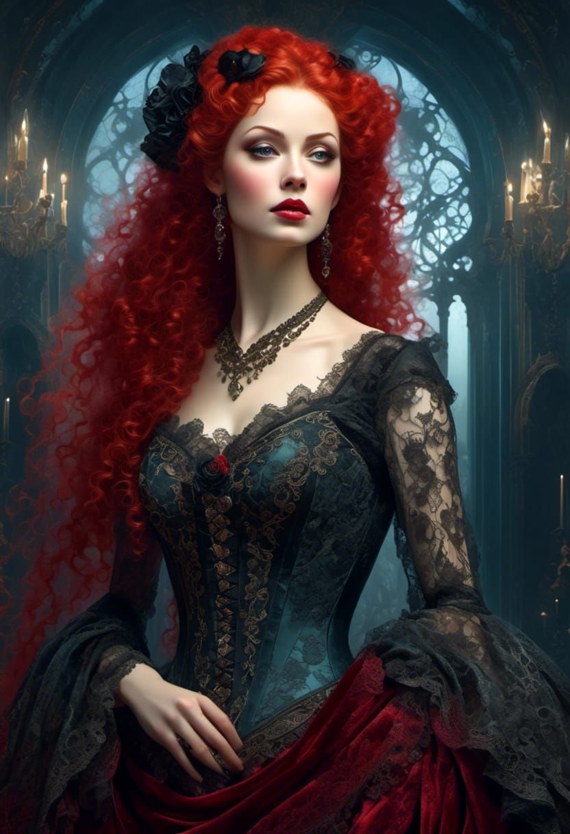 Hyperrealistic Rococo Lady Portrait in Velvet and Lace