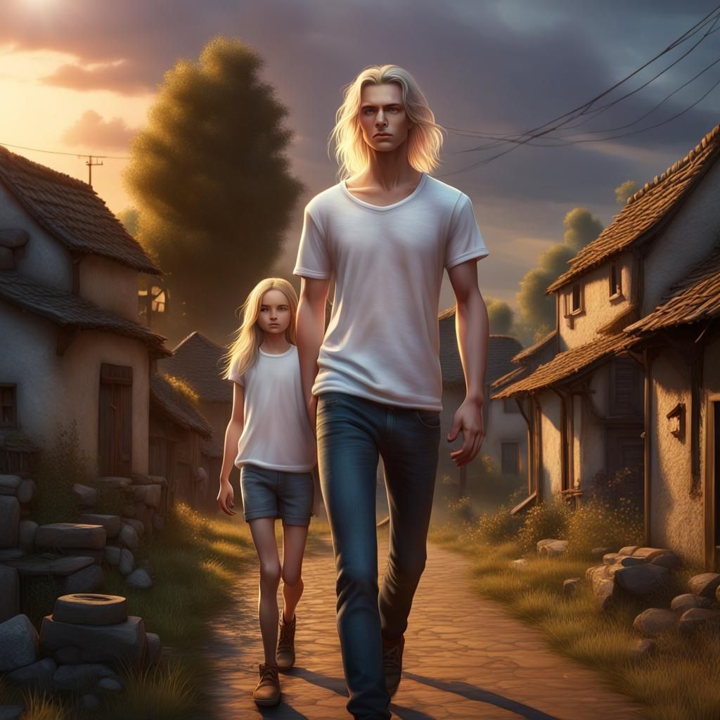 Man and Girl in Village: Fantasy Concept Art