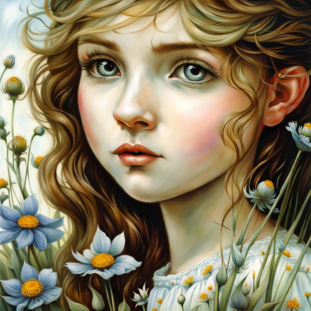 Girl with Wildflowers in Classic Illustration Style