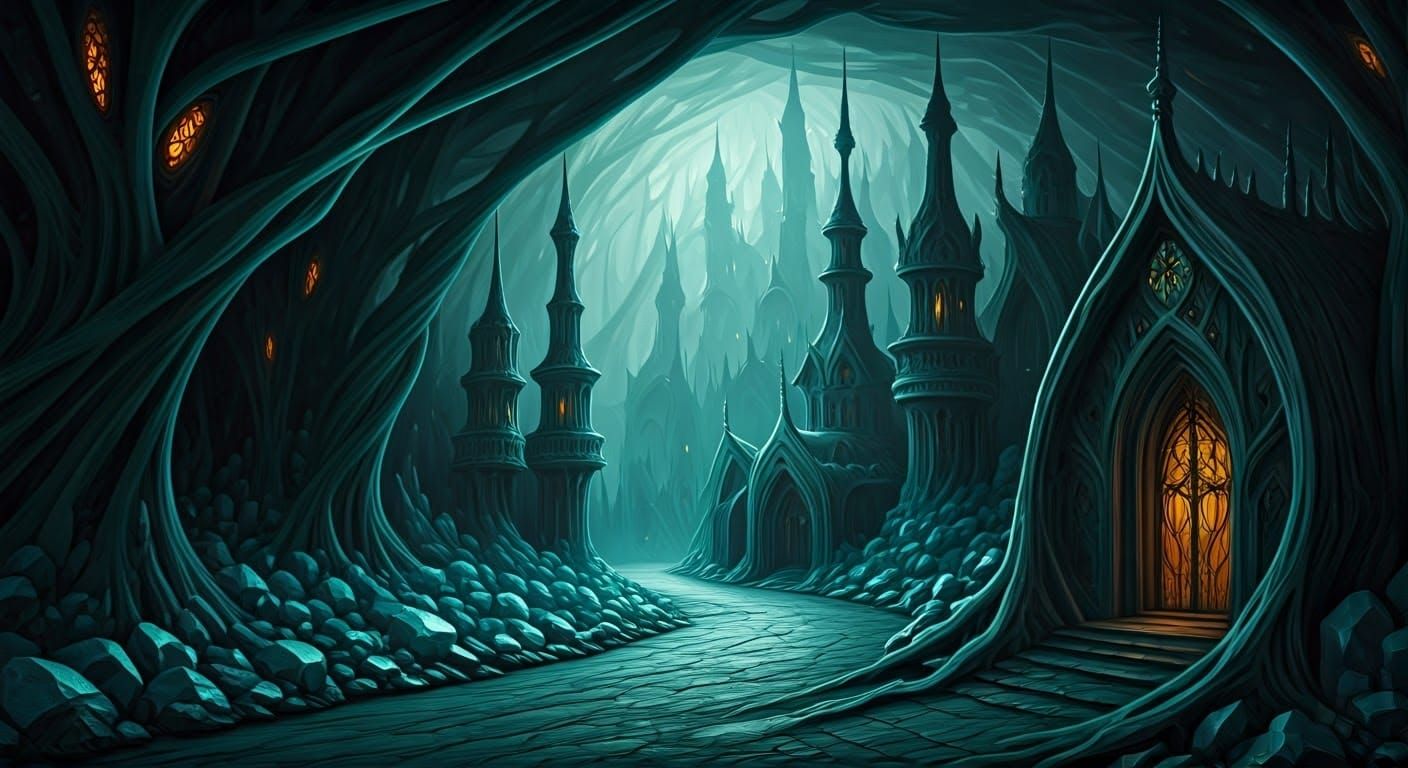 Mystical Dark Elf City in Subterranean Cavern
