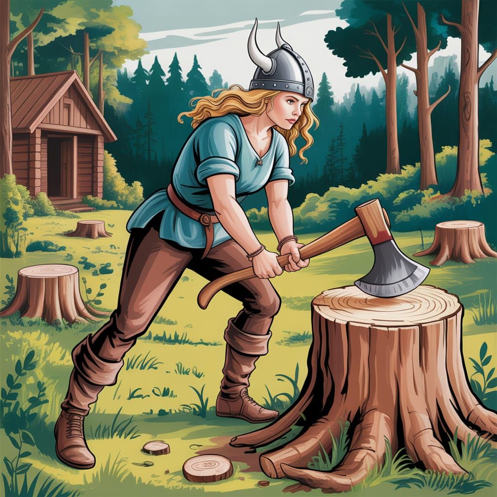 Medieval Tapestry of a Strong Blonde Woman Chopping Wood