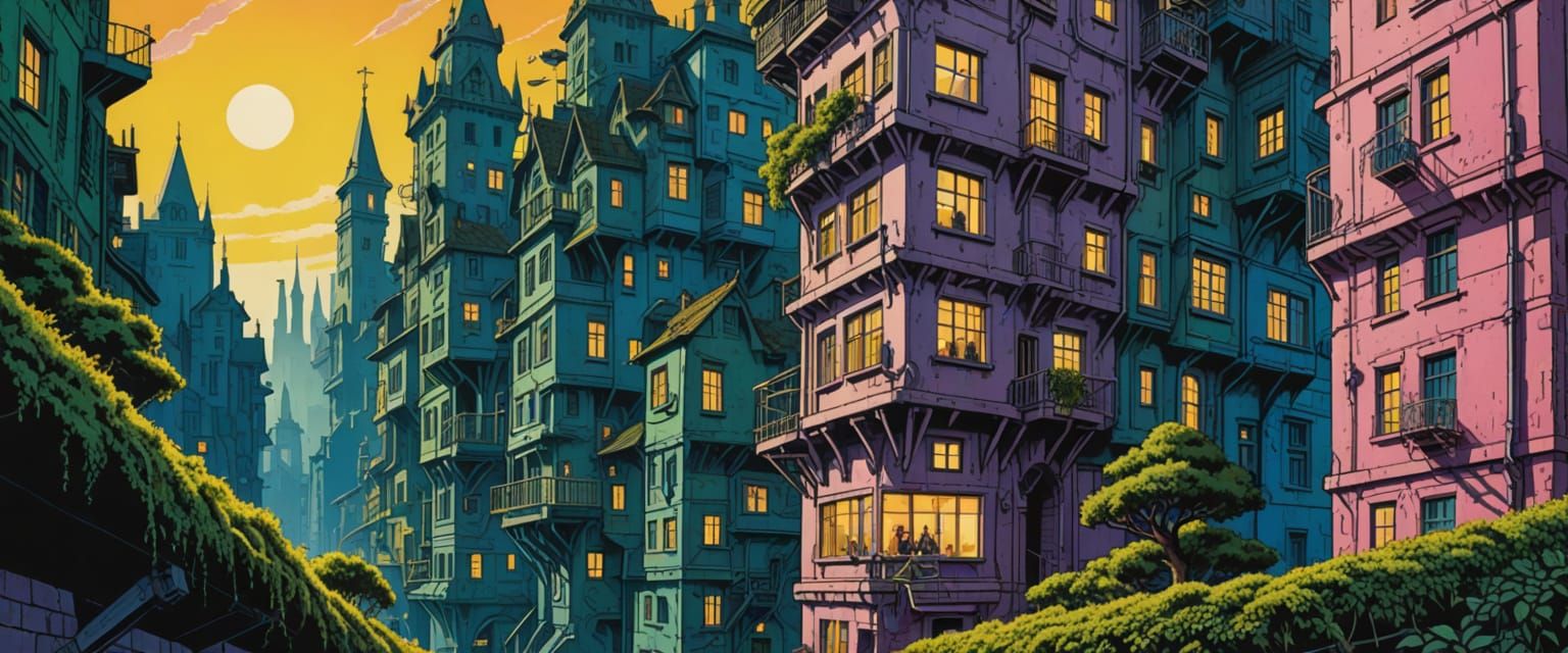 Future City Skyride in Comic Book Watercolor Style