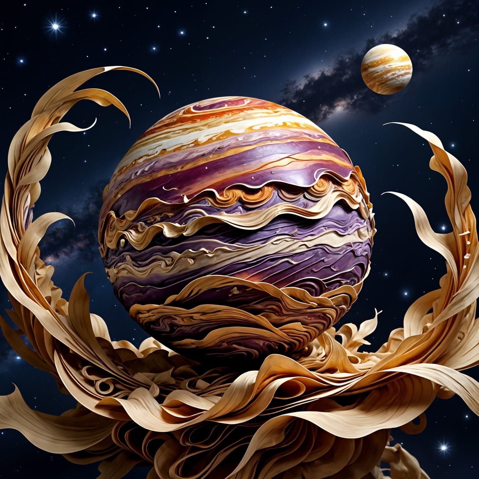 Jupiter Sculpted from Flowing Paper in Cosmic Glow