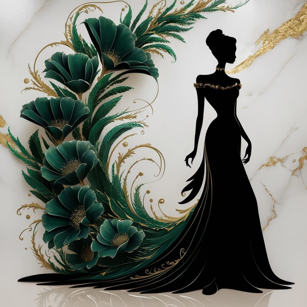 Elegant Woman Silhouette Blending Nature in Opulent Style