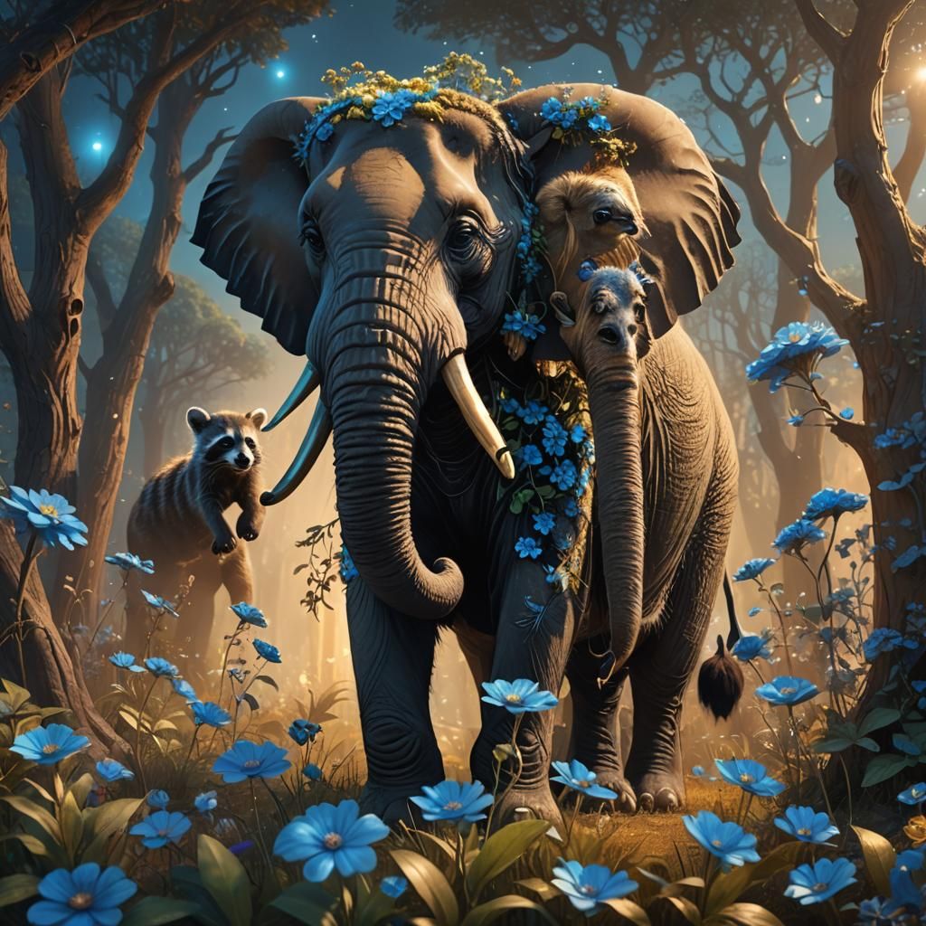 Elephant and Raccoon in Fantasy Matte Painting