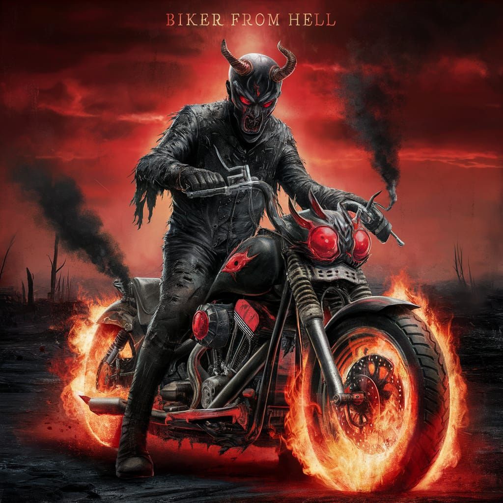 Terrifying Biker from Hell in Apocalyptic Landscape