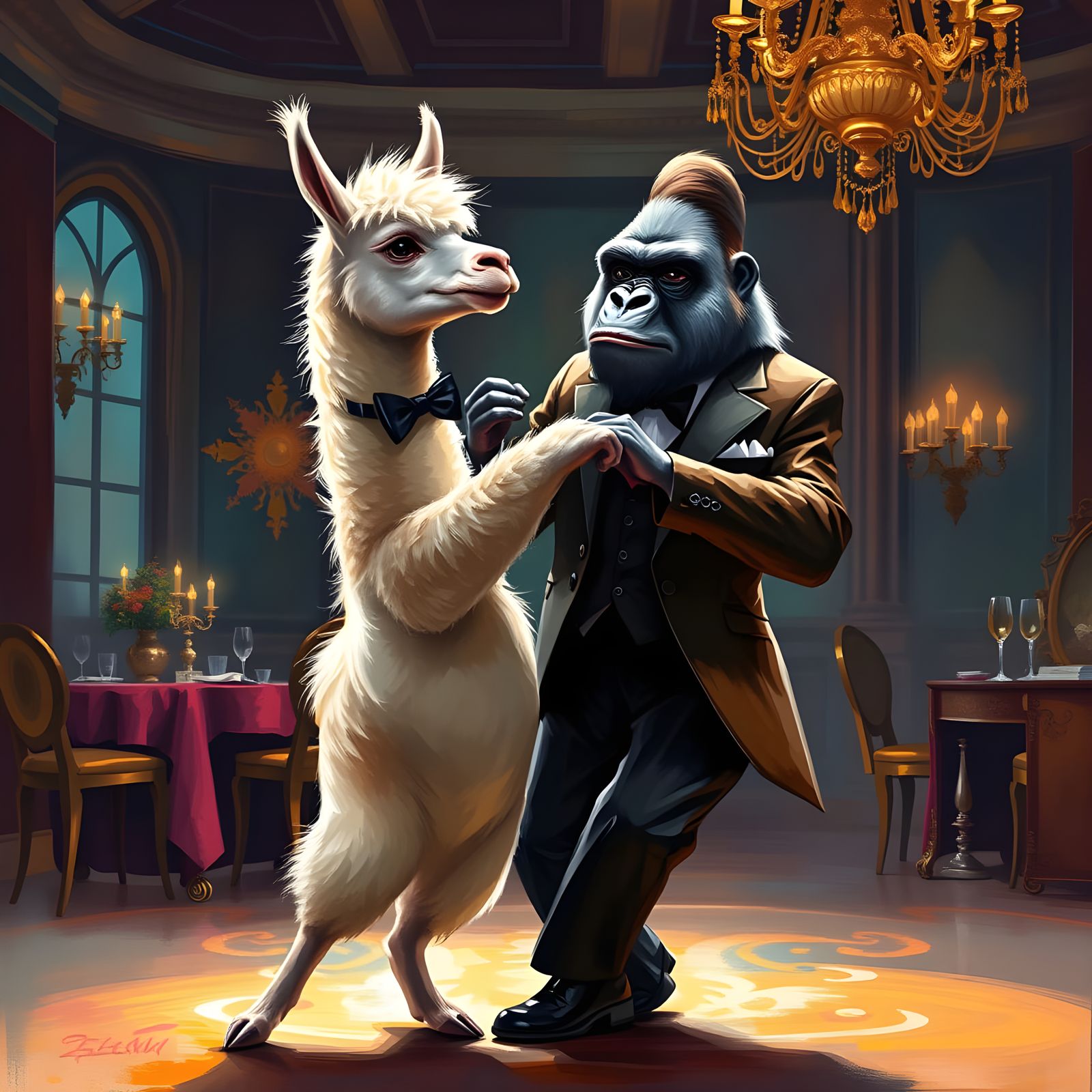 Dapper Alpaca and Gorilla Tango in Luxurious Ballroom