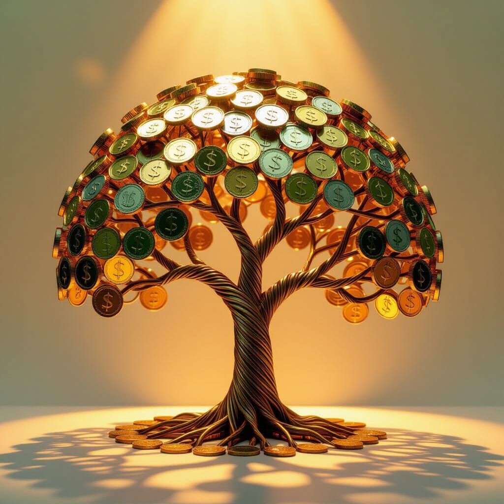 Prosperity Tree Sculpture: Coins & Bills in Golden Hour Ligh...