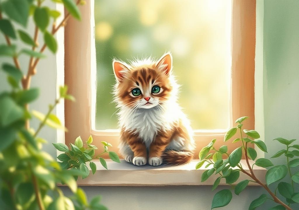 Watercolor Kitten in Sunlight, Beatrix Potter Style