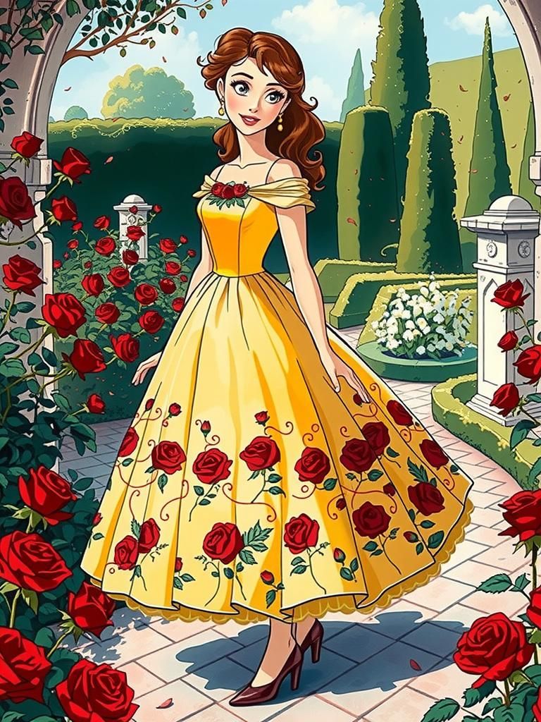 Belle's Rose Dress: Disney-Inspired Fashion Illustration