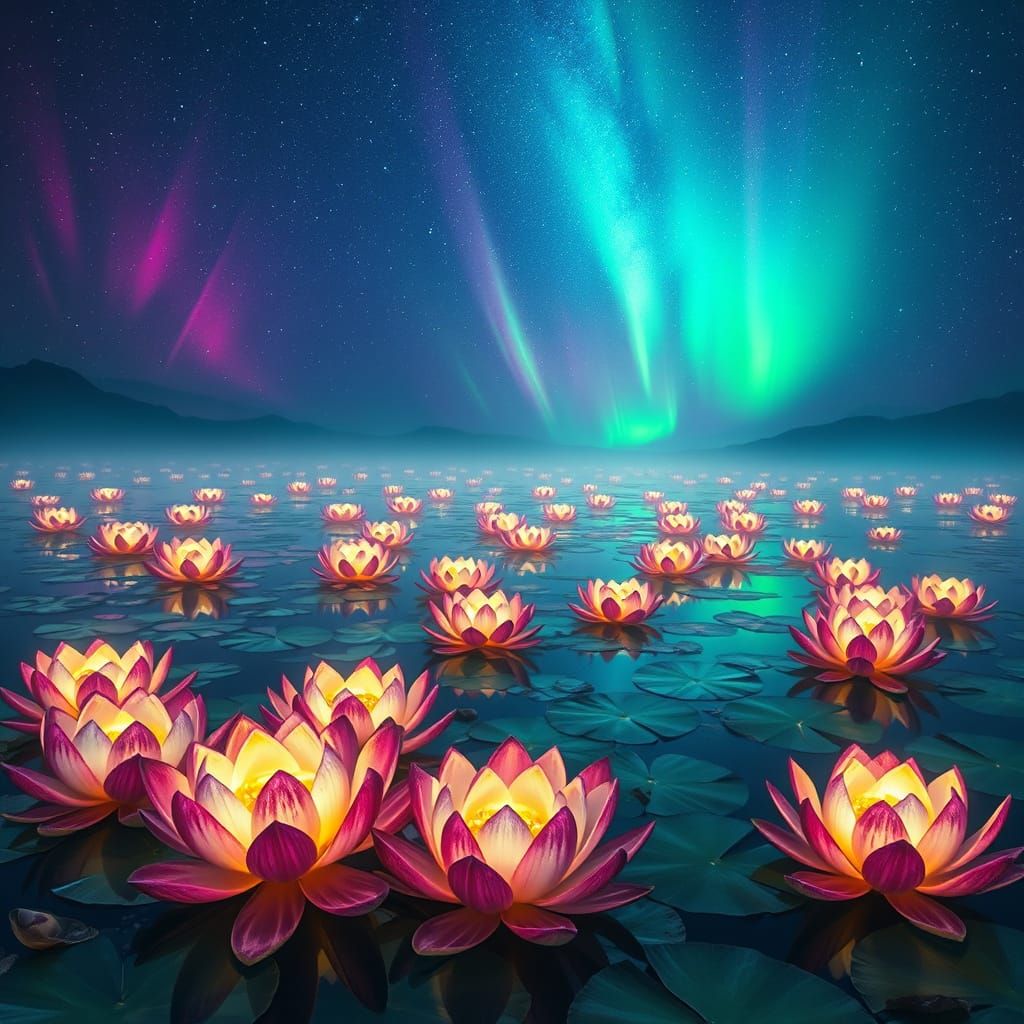 Glowing Lotus Lake Reflecting Nebulae in Dreamlike Style