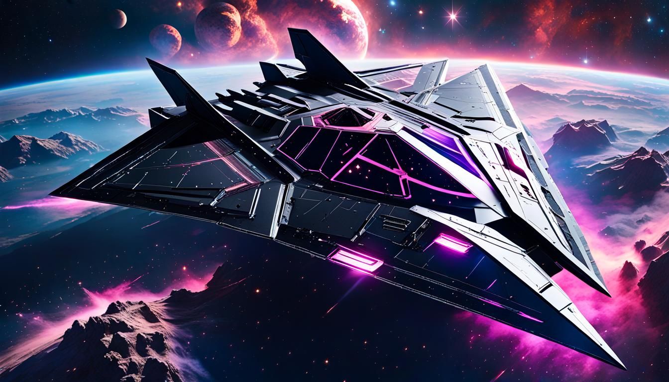 Sleek Black Starfighter with Magenta Lights in Space