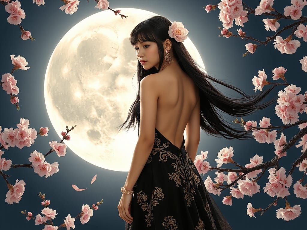 Enchanting Moonlit Woman in Dreamy Floral Scene