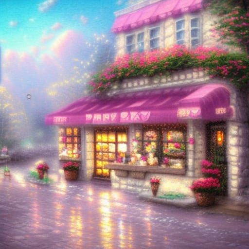 Ethereal Pink Bakery with Cakes in Thomas Kinkade Style