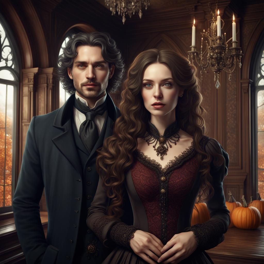 Gothic Victorian Couple in Autumn: Detailed Matte Painting