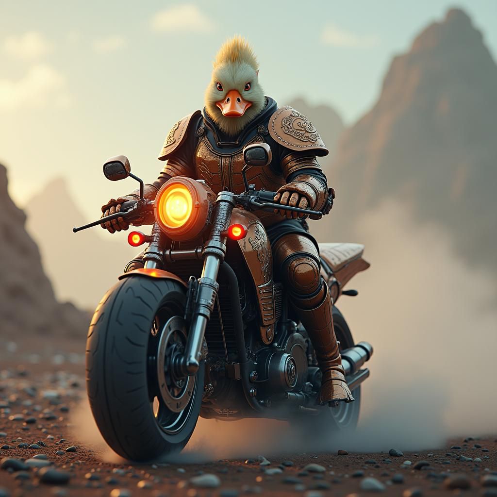 Battle-Ready Duck Speeds through Apocalyptic Landscape