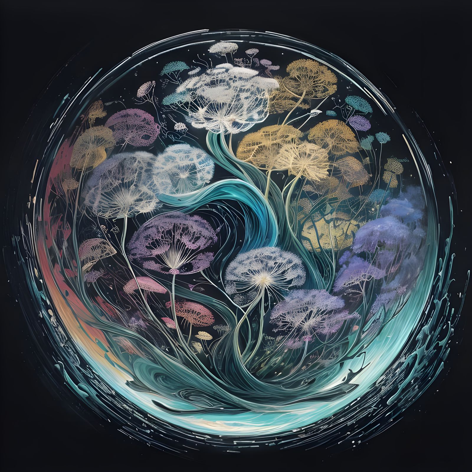 Dandilions in Vibrant Stained Glass Style