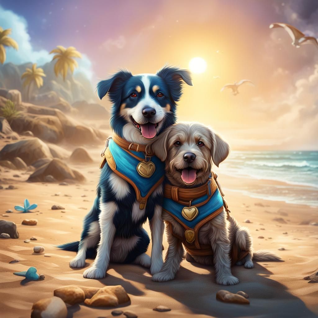Adorable Dogs Hugging on Beach: Fantasy Concept Art