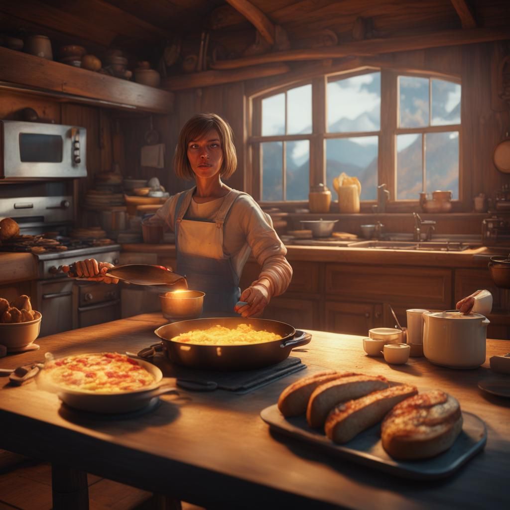 Cyborg Chef in Cabin Retreat: Hyperrealistic Sci-Fi