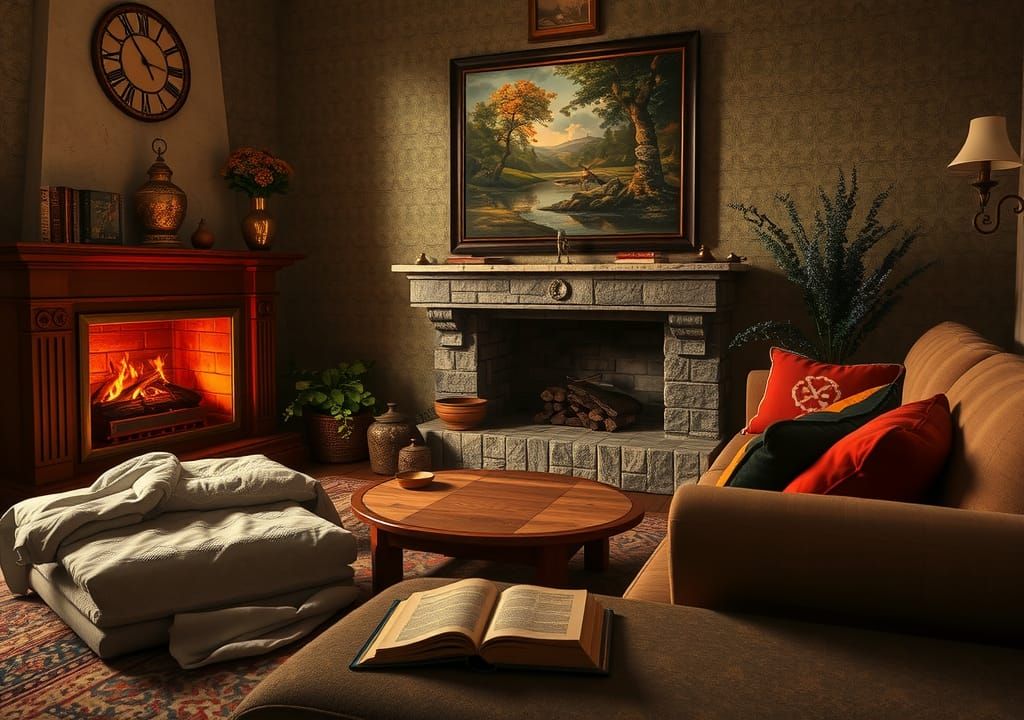 Cozy Living Room Scene as Renaissance Kinetic Pointillism