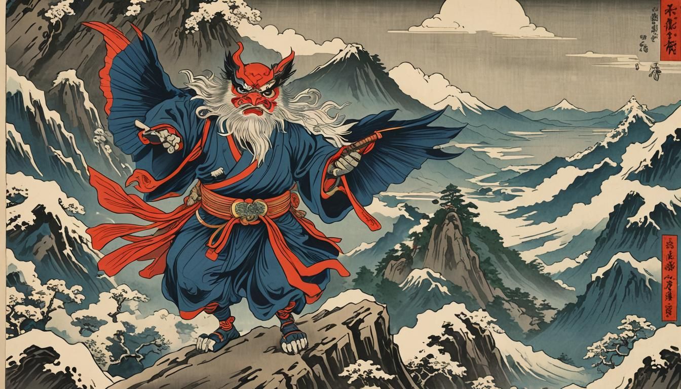 Tengu on Mountain in Ukiyo-e Style
