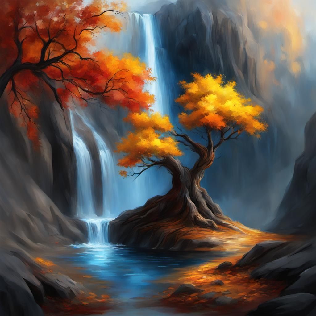 Autumn Tree Near Waterfall: Digital Fantasy Oil Painting