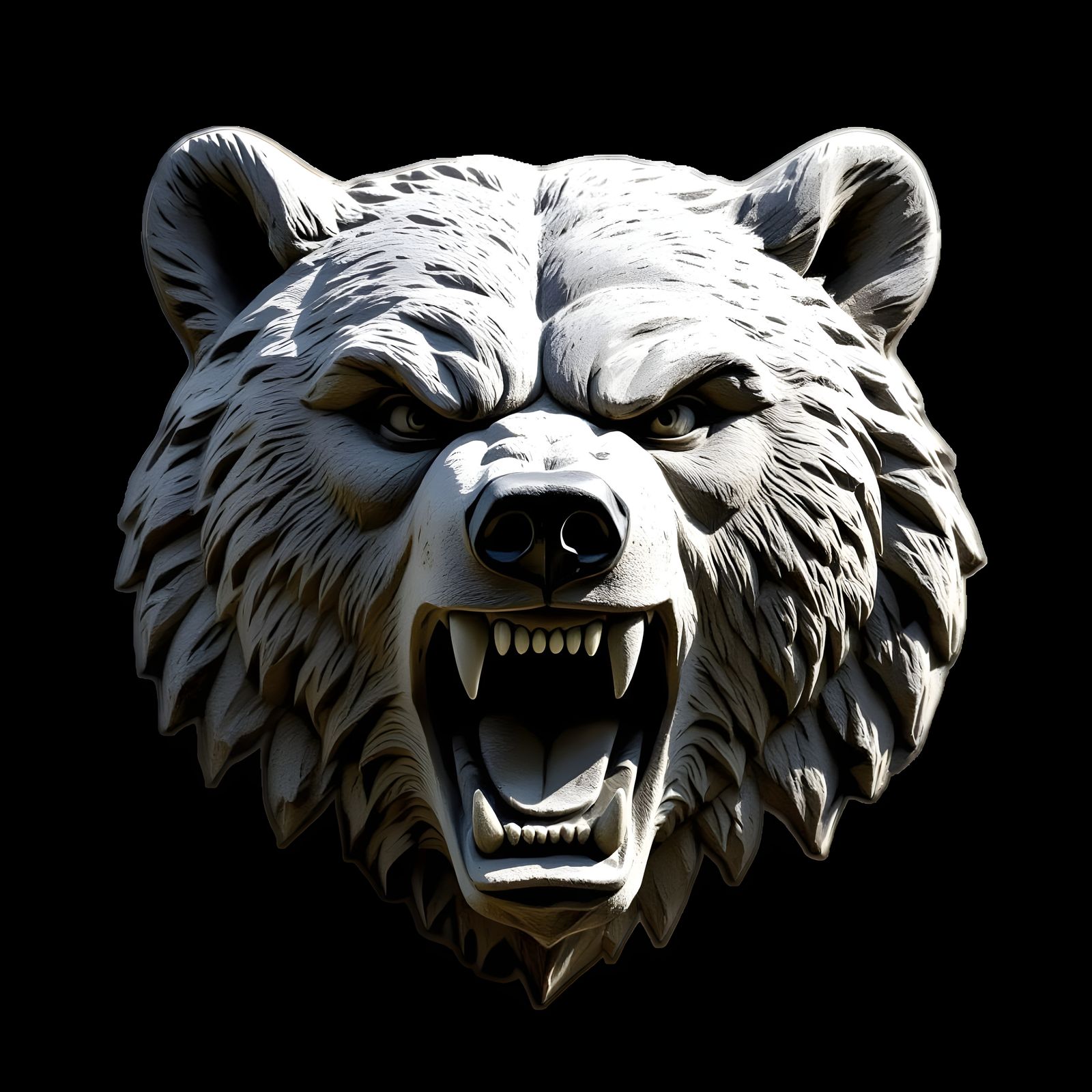 Angry Roaring Bear Head Bas-Relief in High Contrast Stone