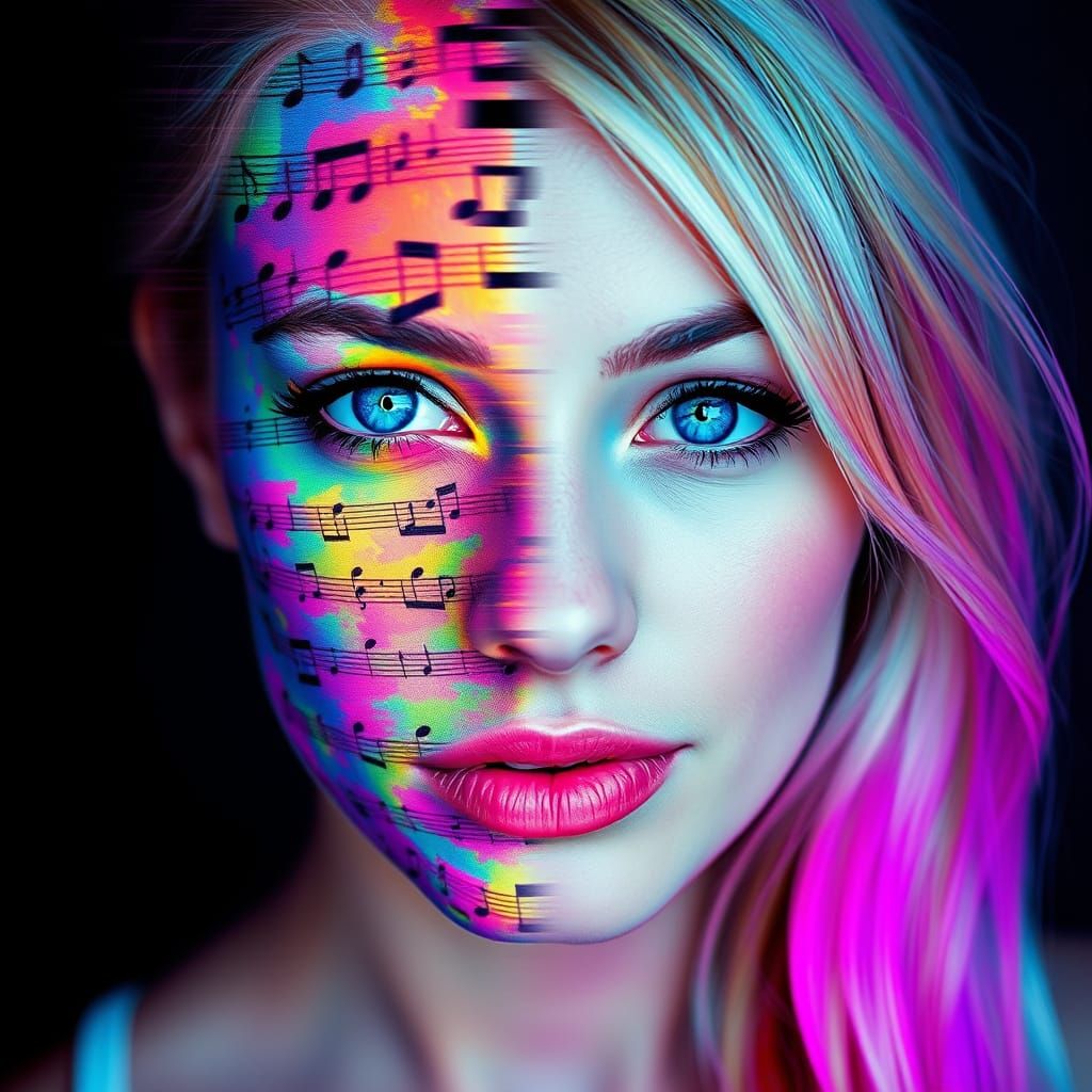Surreal Self-Portrait with Glitch Art and Music Notes