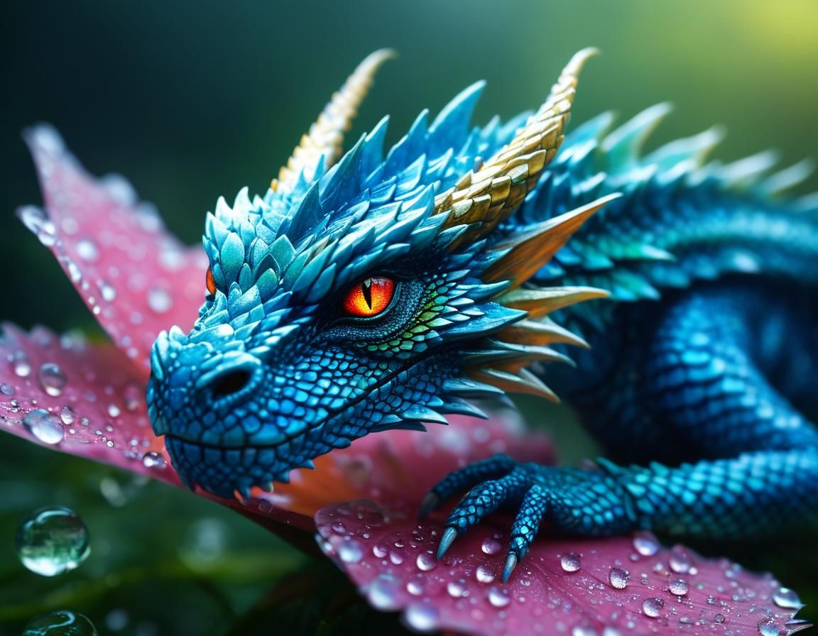 Fantasy Dragon on Dew Petal in Macro Photography