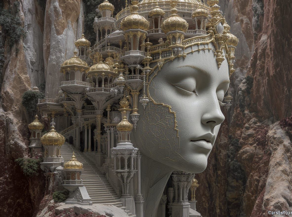 Ivory and Gold Temple Cascading Down Mountain