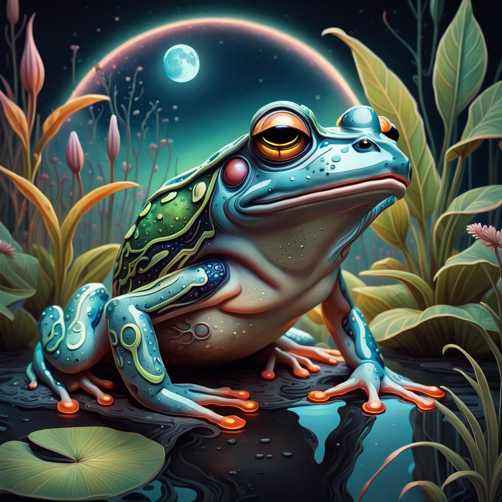 Art Deco Magical Frog in Bioluminescent River Scene