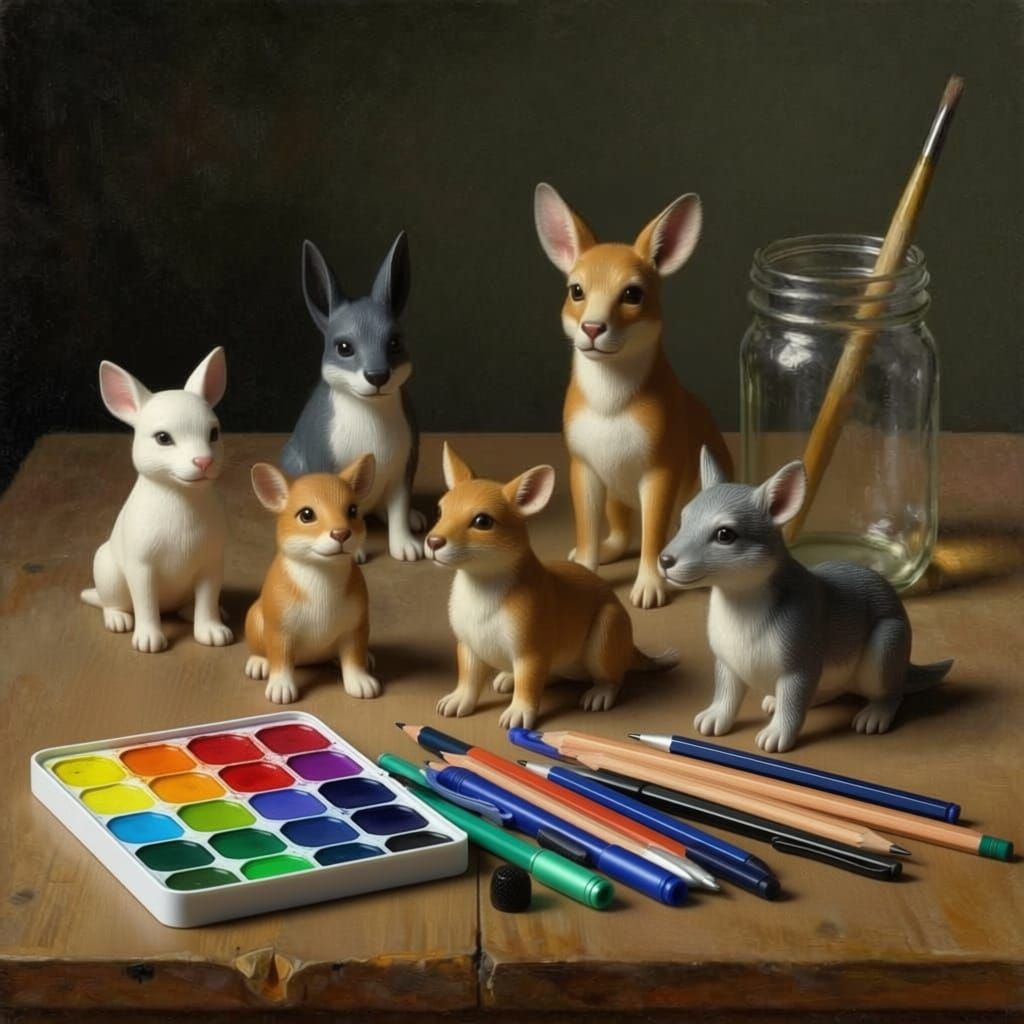 Art Supplies and Miniature Figurines on Table