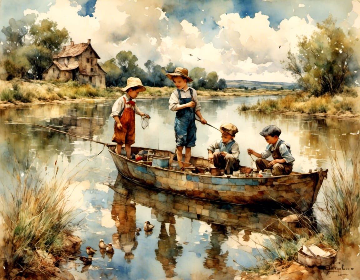 Vintage Children Fishing by River in Watercolor Style