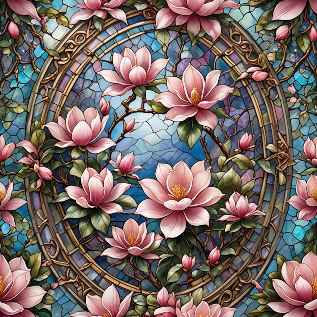 Pink Magnolia in Stained Glass: Ethereal Fantasy Art