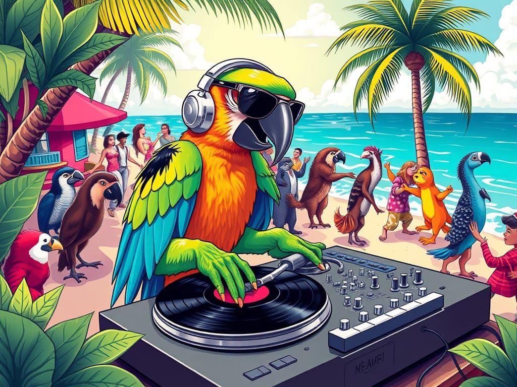 Parrot DJ Spinning Beats on Tropical Beach