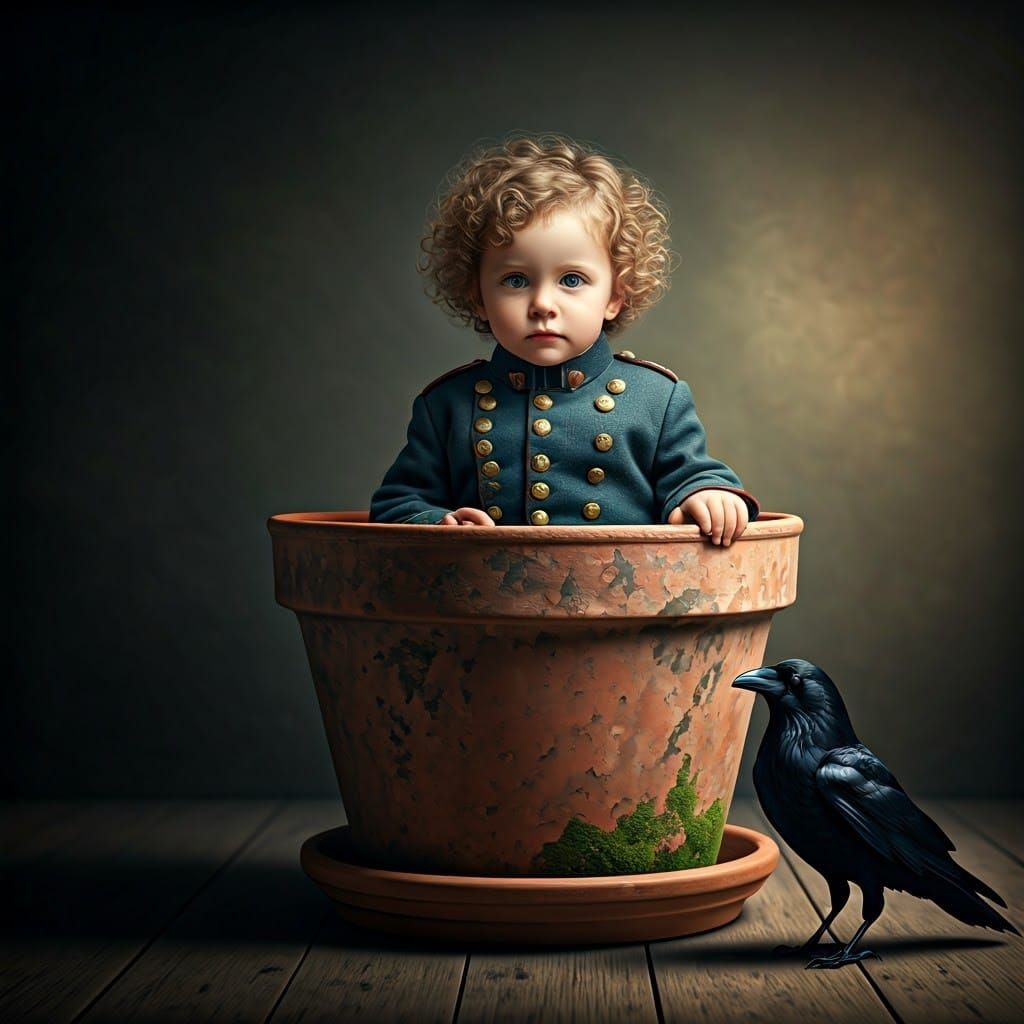 Child Soldier in Flowerpot, with Crow