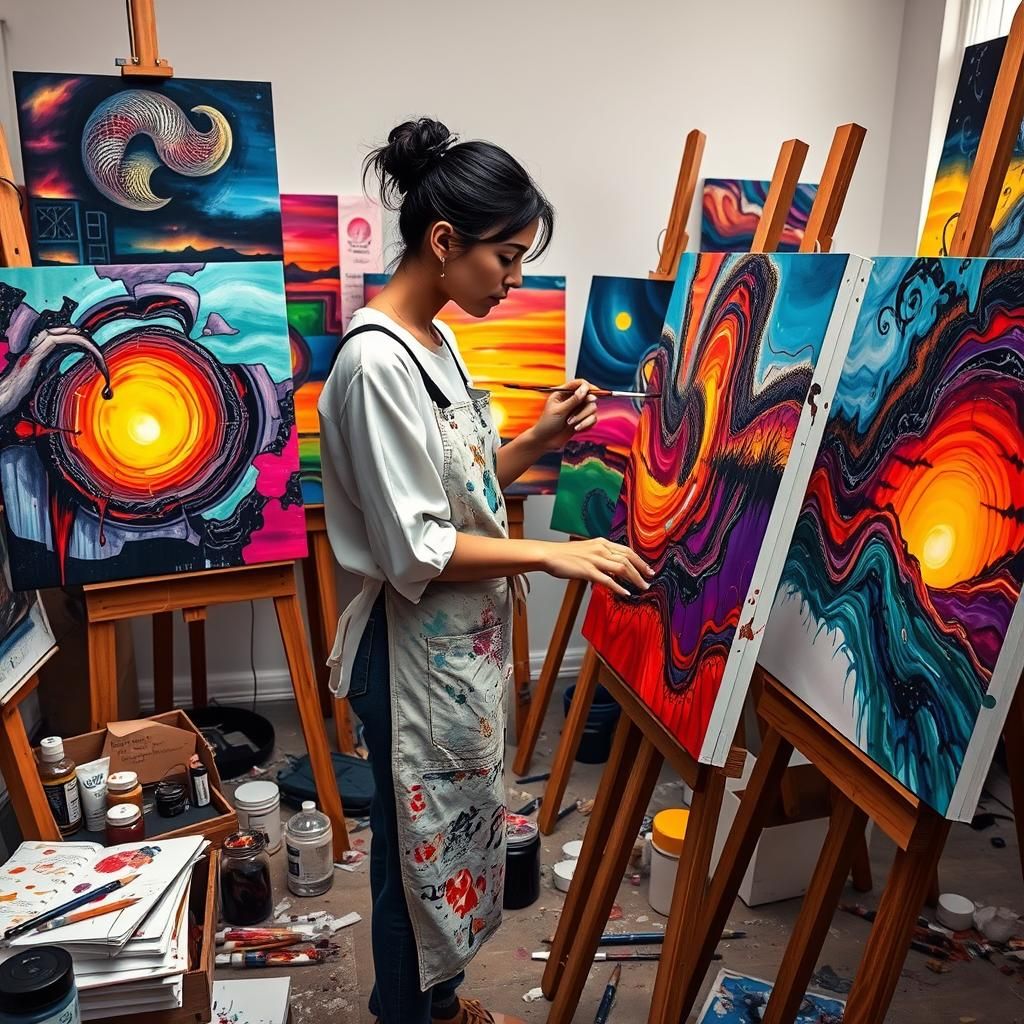Artist in Studio Capturing Sunset Radiance with Bold Strokes