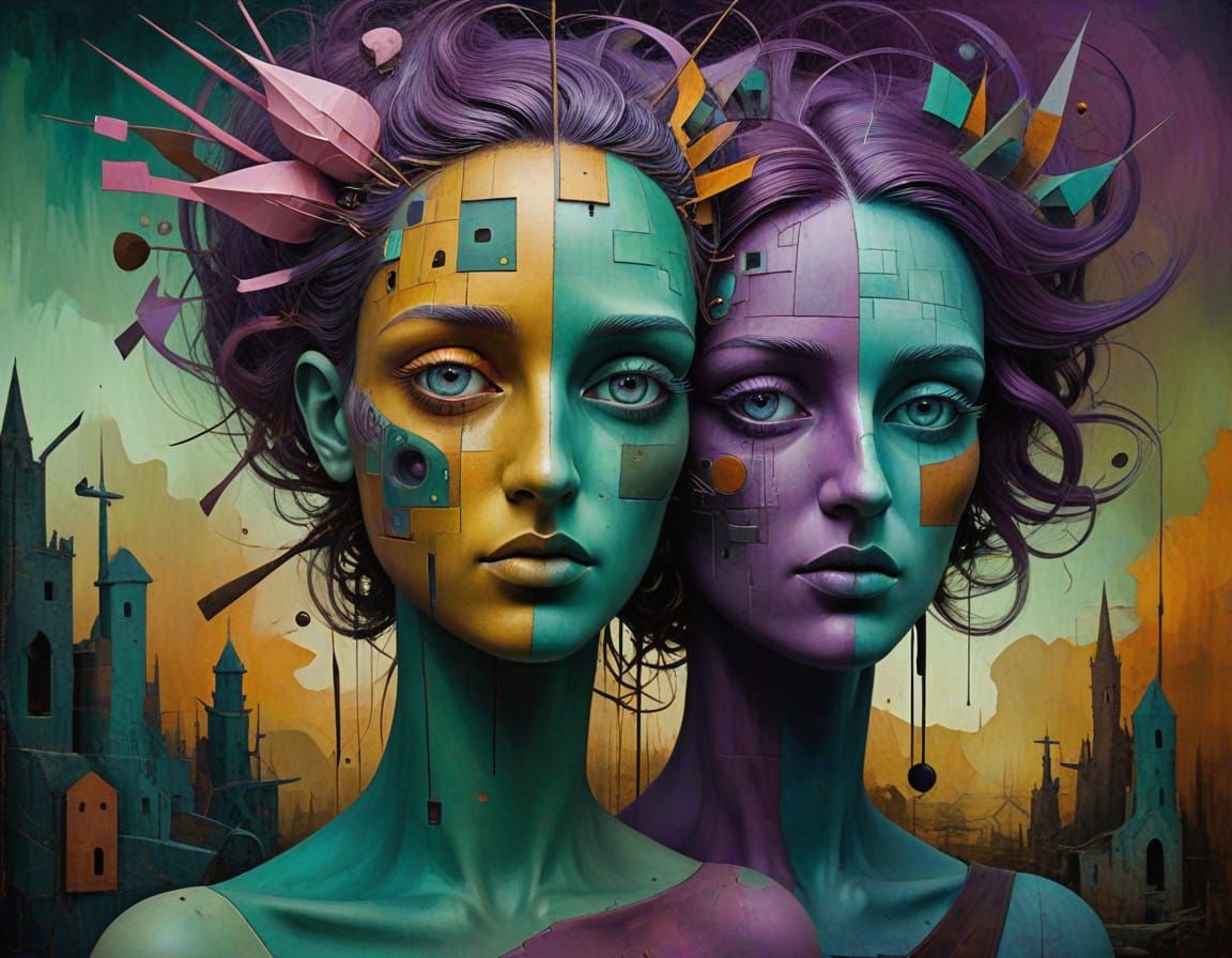 Cubist Dystopia: Fragmented Faces in Ochre and Purple