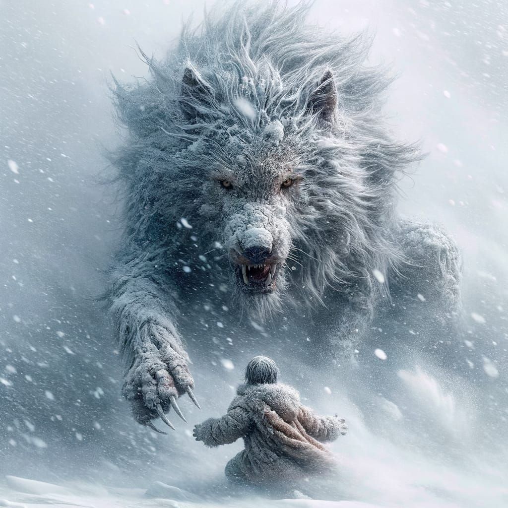 Wolf Rescues Child in Violent Snowstorm Matte Painting