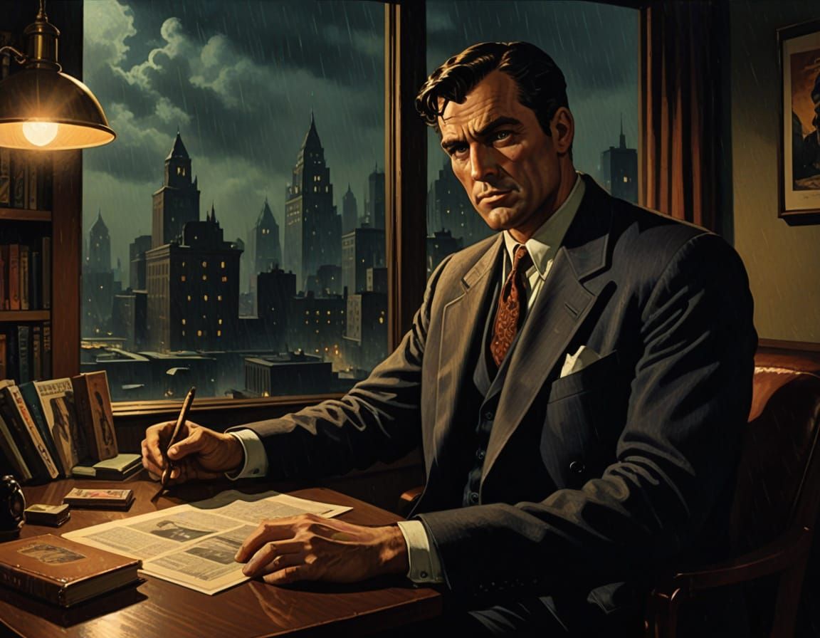 Gumshoe in a Rainy City Night, Noir Comic Book Art