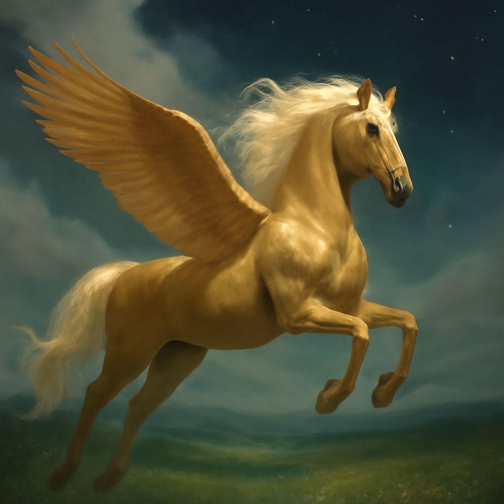 Golden Winged Horse Flying Over Lush Meadows
