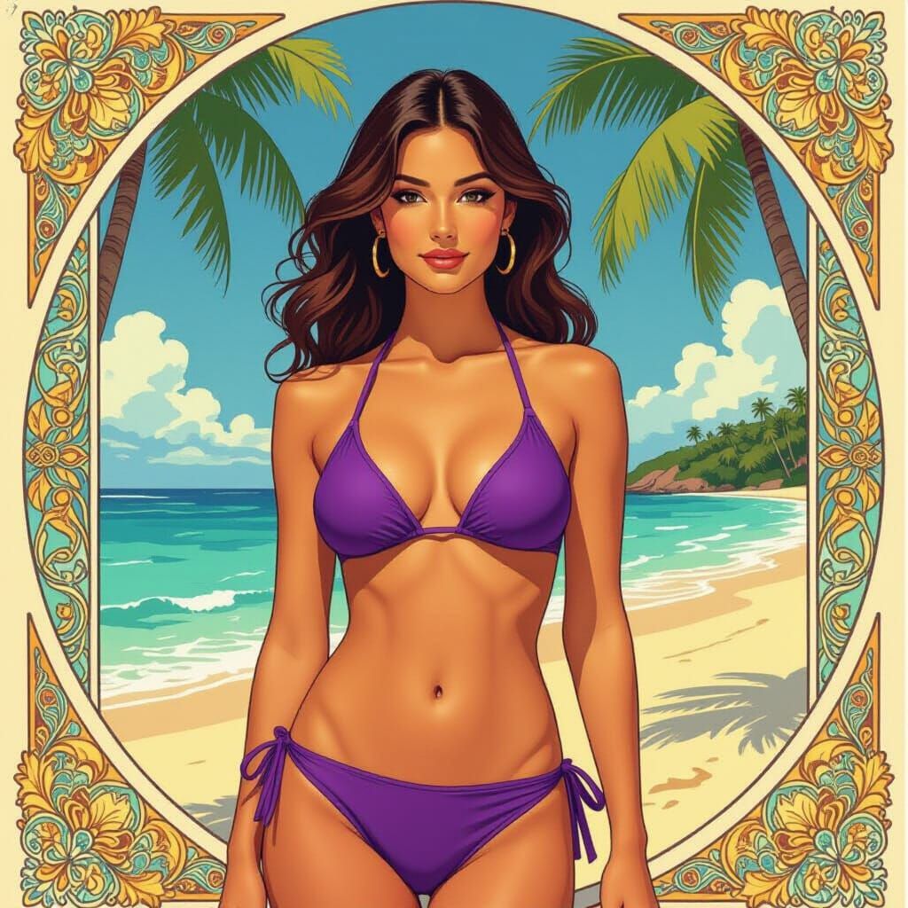 Woman in Violet Bikini, Art Nouveau Style
